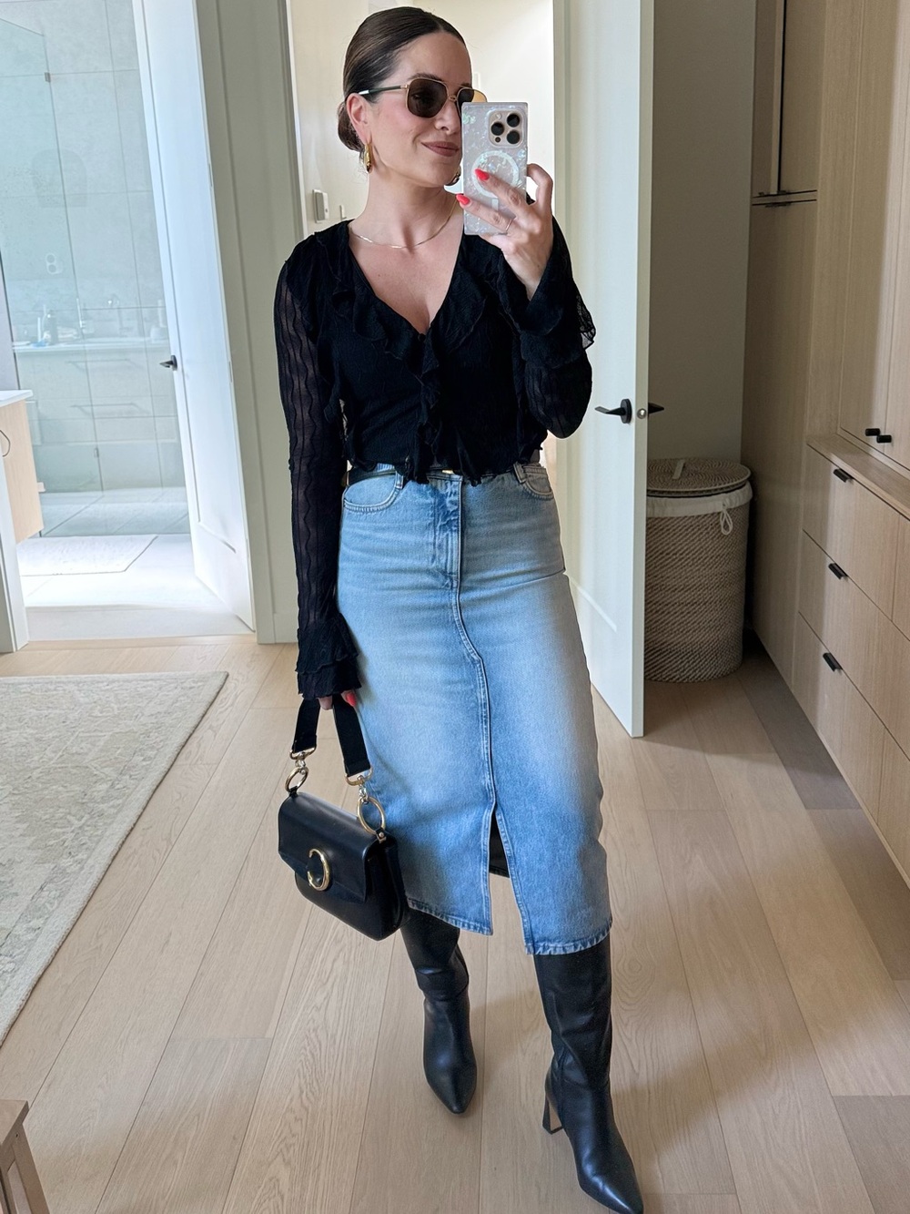 Zara Blue Denim Midi Skirt with Front Slit